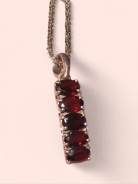 Garnet And Sterling Silver Vertical Bar Pendant & Italian Chain Necklace